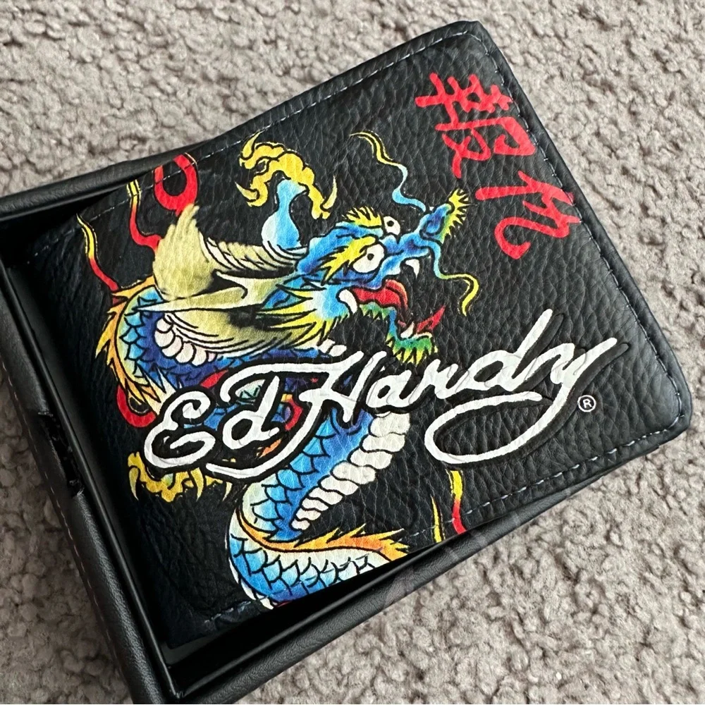 Ed Hardy Black Dragon Graphic Bi-Fold Wallet Mens